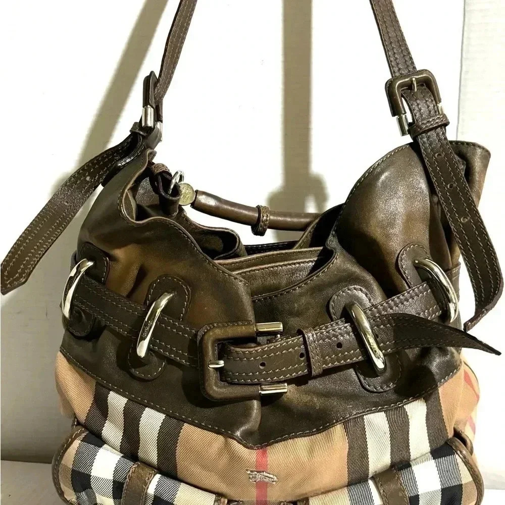 Burberry brown leather house check canvas monogram handbag - Picture 11 of 11